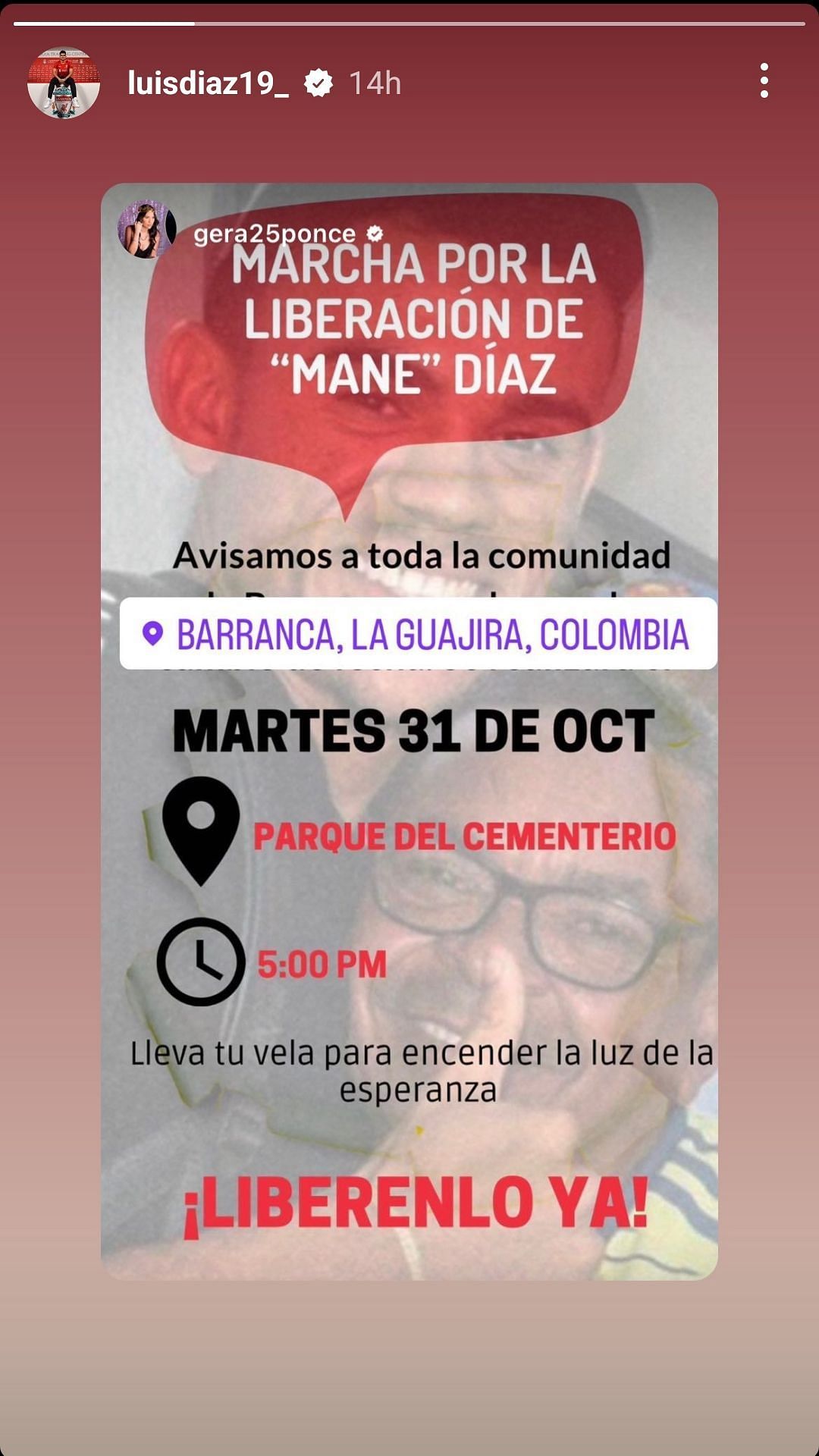 Luis Diaz's Instagram story calling people to join the march